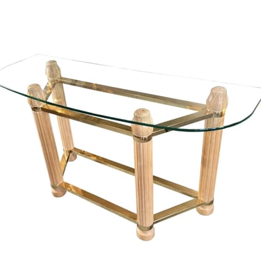 1990s Vintage Postmodern Coastal Carved Birch + Brass + Glass Console Table