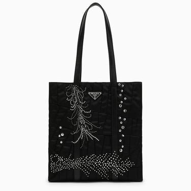 Prada Medium Black Re-Nylon Shopping Bag With Embroidery Women