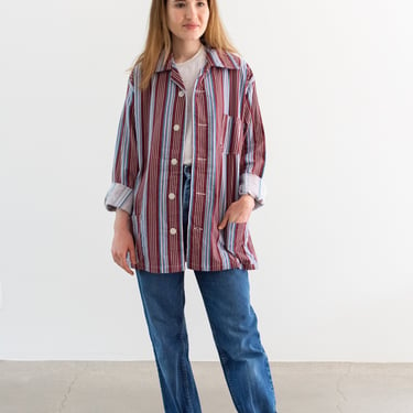 Vintage Burgundy Blue Striped Shirt Jacket | Unisex Flannel Stripe Cotton Pajama Chore shirt | M L | SJ006 
