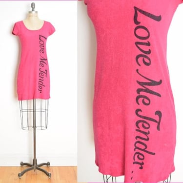 vintage 70s dress pink Love Me Tender Elvis print terry cloth tee t-shirt XS clothing 