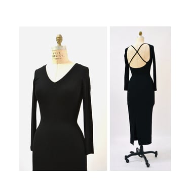 Vintage 90s Black Knit Dress Long Sleeve T shirt Body Con Dress By DKNY Small Donna Karen New York// Vintage Long Sleeve knit black Dress 