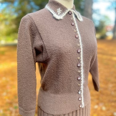 Warm and Toasty 1950s Hot Chocolate and Pearls Sweater and Skirt Set Softest Zephyr Wool Medium Large Vintage Pinup 
