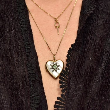 Vintage GF Mother Of Pearl Crystal Starburst Heart Locket Pendant Necklace, 14KGF Serpentine Chain, Victorian Revival, 19 1/4