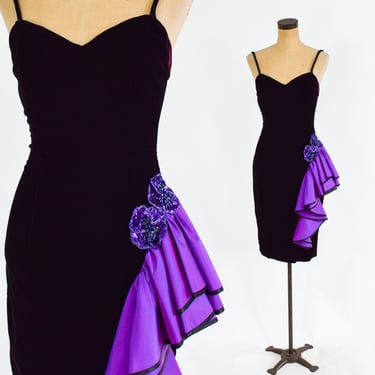 1980s Black Velvet Purple  Evening Dress | 80s Black & Purple Party Dress | Caché | Medium 