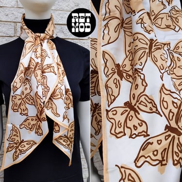 Lovely Vintage 60s 70s Brown & White Butterflies Pattern Long Scarf 