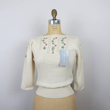 Vintage 1970s embroidered sweater, top, NOS, NWT, deadstock, small 