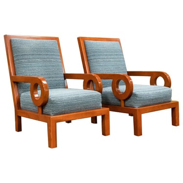 Pair of Custom Made Art Deco Style Mahogany Wood Arm Chairs 