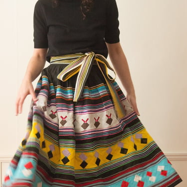 1980s Seminole Patchwork Quilted Full Skirt With Sash 