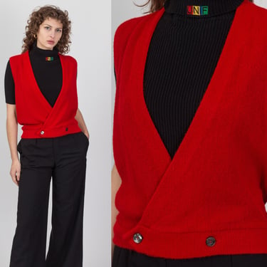 Medium 70s 80s Red Sleeveless Crop Top Sweater Vest Men's | Vintage Arena Knit Deep V Neck Pullover Top 