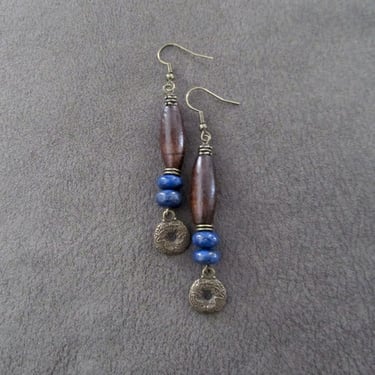 Long lapis and wooden earrings 