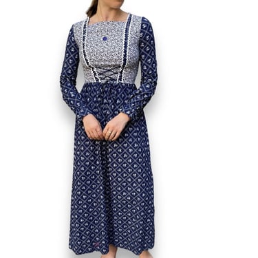 Vintage 1970s Womens Cotton Navy Blue Cottagecore Hippy Prairie Maxi Dress Sz S 