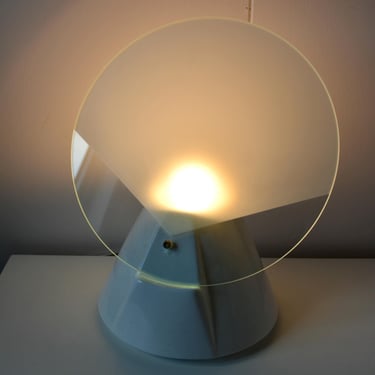 Vintage 1980s Chalvignac Ceramic Lamp. Modernist Table Lamp with Glass Disc Shade. Postmodern Pottery UFO Glass Memphis Style Minimal Lamp 