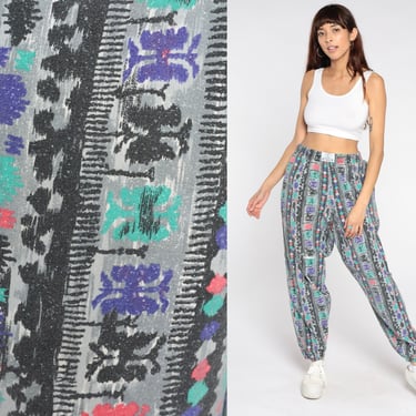 90s Parachute Pants Colorful Geometric Print Baggy Hammer Pants High Waist Lounge Joggers Arcade Powerwear Vintage 80s Small Medium Large 