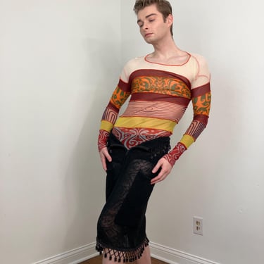 90s / 1996 S/S Jean Paul Gaultier Cyberbaba tribal patchwork multi print mesh top 