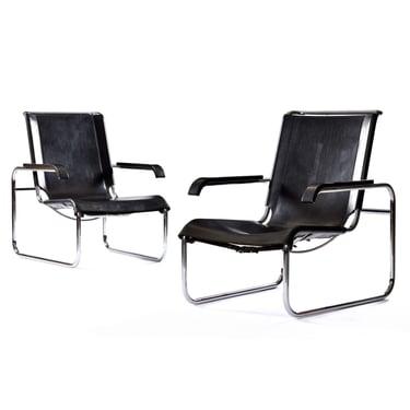 Marcel Breuer For Thonet B35 Cantilever Leather Sling Lounge Chairs Set of 2 