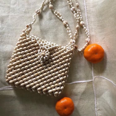 70s natural shell purse / vintage woven handmade natural genuine sea shell shoulder purse bag 