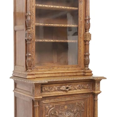 Antique Cabinet, French Henri II Style Oak Stepback, Crest, Crown, Glazed, 1800s