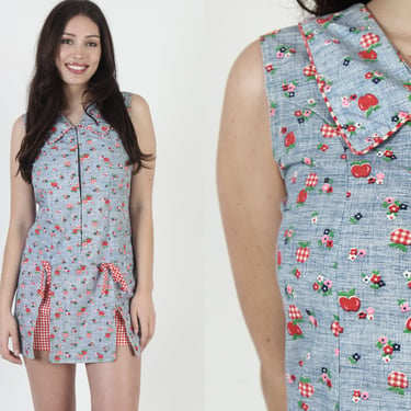 Apple Print Americana Zip Up Playsuit, Chambray Floral Mini Skort, Vintage 70s Tennis Style Prairie Romper, Gingham Summer Picnic Outfit 