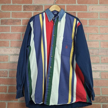 Vintage 90s Douoble Sided Nautica Colorblocked Striped ORIGINAL Button Down Shirt - Large 