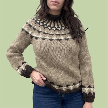 Vintage Sweater Retro 1970s No Size + Hand Knit + Fair Isle + Icelandic Wool + Light and Dark Brown + Cream + Intarsia + Unisex Apparel 