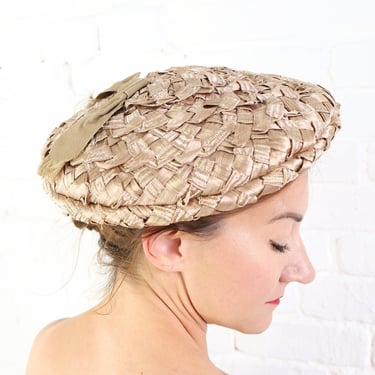 1950s  Beige Woven Saucer Hat | 50s Taupe Woven Raffia 