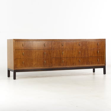 Henredon Mid Century Walnut and Brass 9 Drawer Lowboy Dresser - mcm 