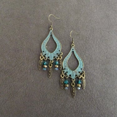 Patina chandelier earrings, green crystal gypsy earrings, boho earrings, large ethnic tribal earrings, bohemian unique princess bling 2 