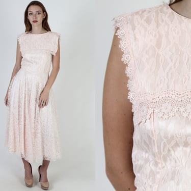 80s Powder Pink Floral Deco Dress, Scallop Crochet Trim Roll Bib, Fancy Vintage Lawn Party Midi Dress 