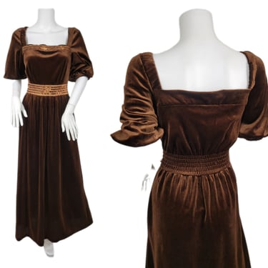 1980's Brown Panne Velvet Titanic Style Long Maxi Dress I Sz Med I Tom Bezduda for Barad & Co 