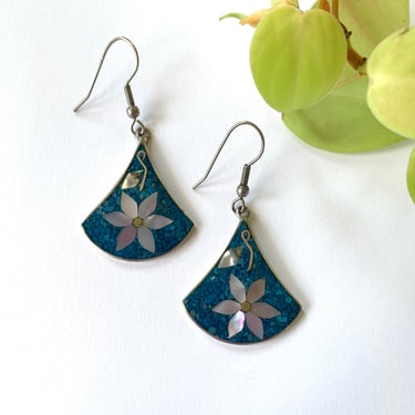 Blue Fleck Flower Earrings Vintage