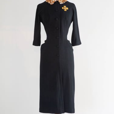 Meow! 1950’s Wiggle Dress With Leopard Print Collar / Medium