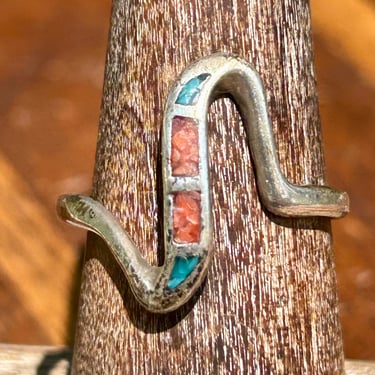 Sterling Silver Geometric Ring Crushed Turquoise Coral Wavy Modern Vintage Retro Native American Jewelry 