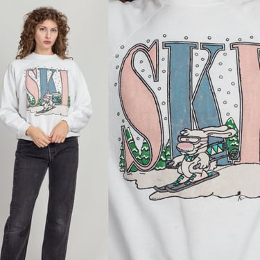 80s Puff Paint Ski Bunny Sweatshirt - Men's Medium, Women's Large | Vintage Raglan Sleeve Retro Graphic Pullover 