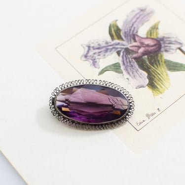 Large Antique Czech Glass Amethyst Brooch | 1910s-1920s Silver and Amethyst Pin with Filigree Border 