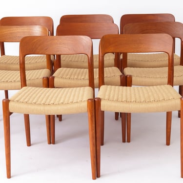 8 Niels Moller chairs, model 75, 1950s, teak wood, papercord seat, vintage chairs, set of 8, dining chairs, Denmark 