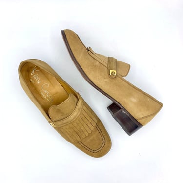 Vintage 1970s Mens Brown Suede Pierre Cardin Loafers, Fringed Slip-On Designer Shoes Made in Spain, VFG 