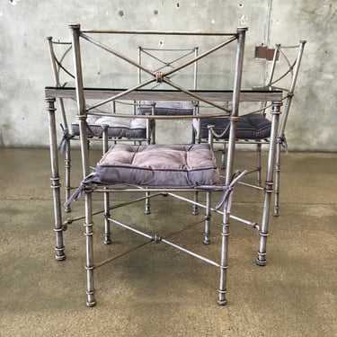 Wrought Iron Glass Top Table With Four Chairs And Velvet Cushions