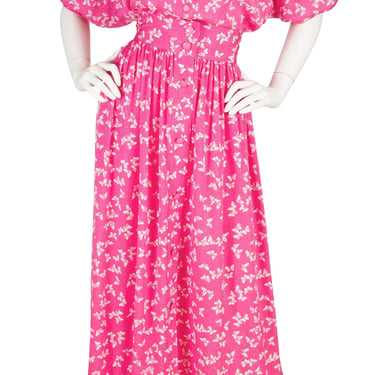 Emanuel Ungaro 1980s Vintage Butterfly Print Pink Silk Jacquard Blouse & Skirt Set 