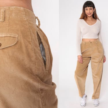 Pleated Corduroy Pants 90s Trousers Tan High Waisted Rise Trousers Mom Pants Straight Tapered Leg Liz Sport Plain Vintage 1990s Medium 