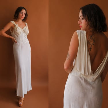 Vintage 40s Ivory Rayon Backless Slip Dress/ 1940s White Lace Bias Cut Dress with Open Back/ Size Medium 