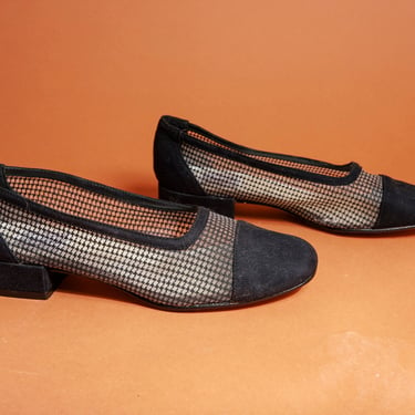 80s Black Velvet Mesh Houndstooth Flats Vintage Patterned Classic Slip on Flats Shoes 