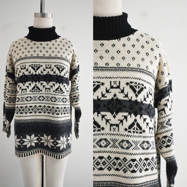 1990s Cream and Black Fairisle Tunic Sweater 
