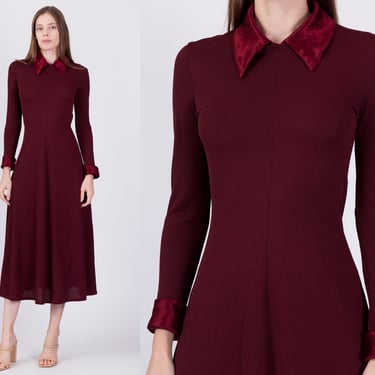 90s BCBG Wine Red Satin Trim Midi Dress - Small | Vintage Slinky Long Sleeve Collared Minimalist Dress 