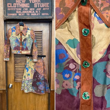 Vintage 1960’s Designer “Roberto Cavalli” Floral Mod Leather Cropped Snap Button Jacket & Skirt Outfit Set, 1960s, Patchwork, Floral, Suede 