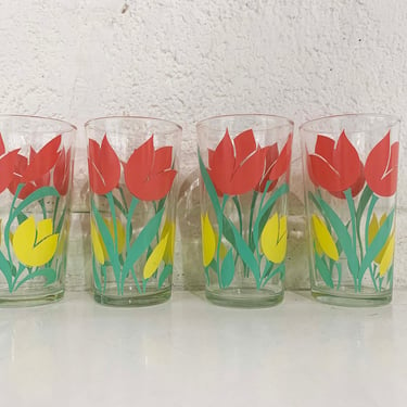Vintage Pink Yellow Tulip Floral Glasses Flower Glass Set of 4 Flowers Retro Home Kitchen MCM 1950s 50s Green 