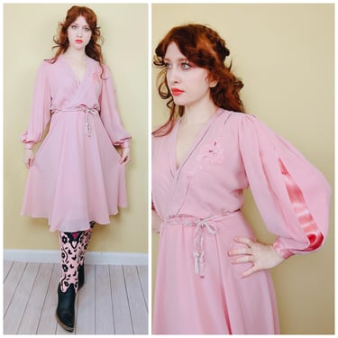 1980s Vintage Ursula Of Switzerland Chiffon Fit and Flare Dress / 80s Pink Silky Floral Applique Gown / Large 