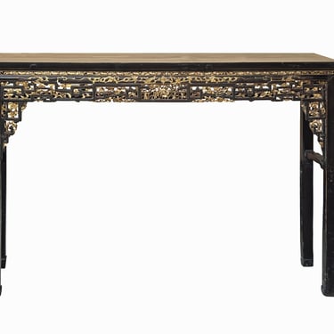 Chinese Vintage Black Golden Carving Motif Tall Altar Console Table cs7784E 