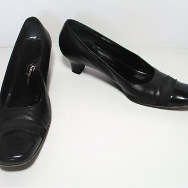 Salvatore Ferragamo Low Heel Pumps, Size 9B Women, black leather, patent cap toe 