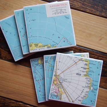 1956 Antarctica Map Coaster Set of 6. Vintage Map. Antarctic Gift. South Pole Map. Expedition Gift. Navigation History Gift Antarctic Circle 