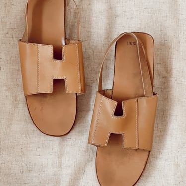 Vintage Hermes H Logo Leather Wood Platform Slides Sandals It 37.5 / Us 7 - 7.5 